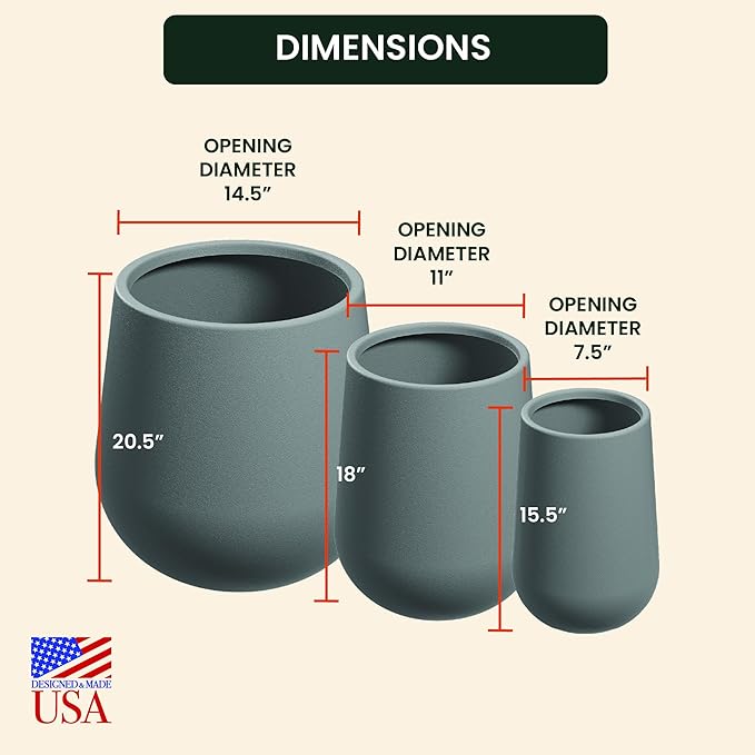 Beuta Large Planters for Outdoor Plants - Set of 3, 15.5/18/20.5 Inches Outdoor Planters for Porch - Tall Planter for Outdoor & Indoor Plants | Large Indoor Plant Pot - USA Made - Grey