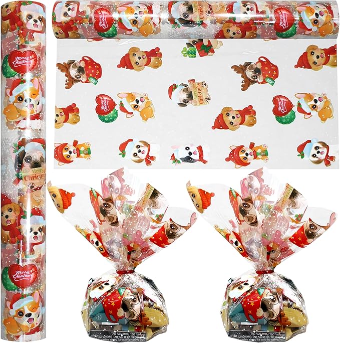 AnapoliZ Christmas Cellophane Wrap Roll | 100’ Ft Long X 16” in. Wide | 2.3 Mil Crystal Clear Christmas Puppies Cellophane | Gifts, Baskets, Treats Cello Wrapping Paper | Christmas Puppies Cello Roll