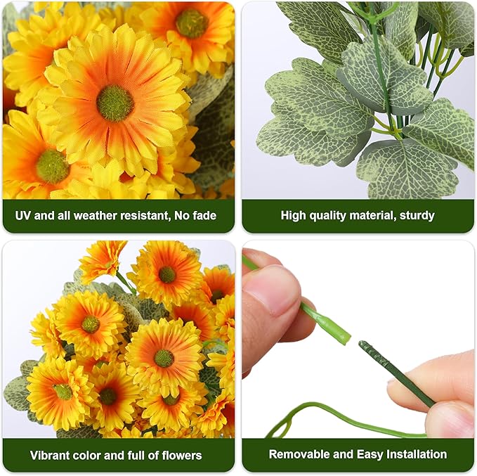 HyeFlora Dahlia Artificial Winter Flowers for Outdoors Decoration, 6 Bundles Fake Daisy Yellow Outdoor Faux Flower Plants Realistic UV Resistant Silk Flowers for Outside Planter Front Door Yard Garden