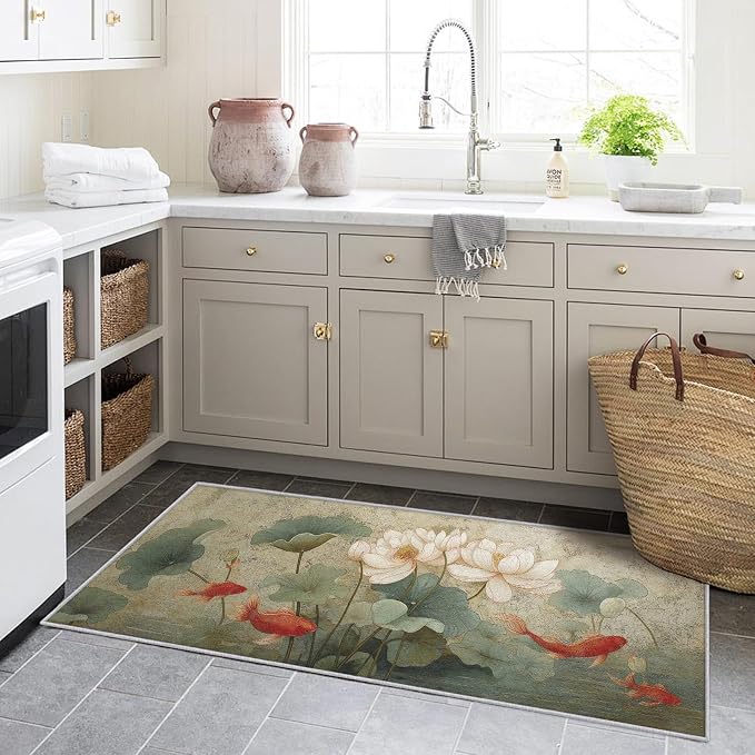 Lotus Flower Runner Rug 4x9, Koi Fish Design, Asian Art Area Rug, Washable Non-Slip Floor Carpet Runner for Bedroom, Dining Room, Living Room Aisle