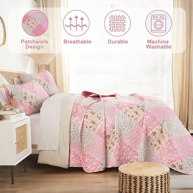 Dinjoy Floral Plaid Patchwork Quilt Set King Size, Reversible Pink Bedding Set Soft Microfiber Lightweight Bedspread Coverlet 3 Piece Fall Autumn Summer Use (110x90 inches)