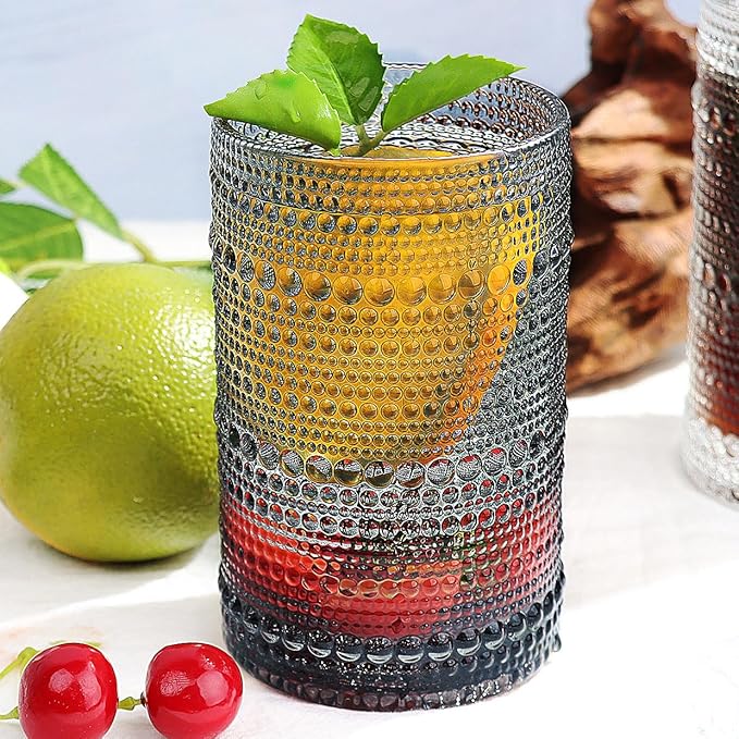 Hobnail-Drinking Glasses 13oz Vintage Glassware Sets Cocktail Juice Glasses Set of 6, Grey