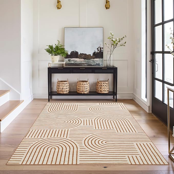 Washable 6x9 Lines Area Rug for Living Room Modern Geometric Abstract Accent Rug Non Slip Office Modern Carpet Thin Foldable Boho Rainbow Indoor Carpet for Bedroom Dining Room Kitchen, Orange