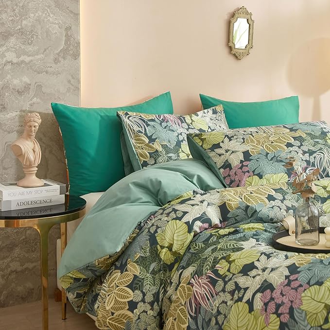 EAVD Tropical Leaves Duvet Cover Twin Soft Cotton Chic Plant Green Leaf Pattern Bedding Set with 2 Pillowcases Fresh Botanical Leaves Comforter Cover with Zipper Closure
