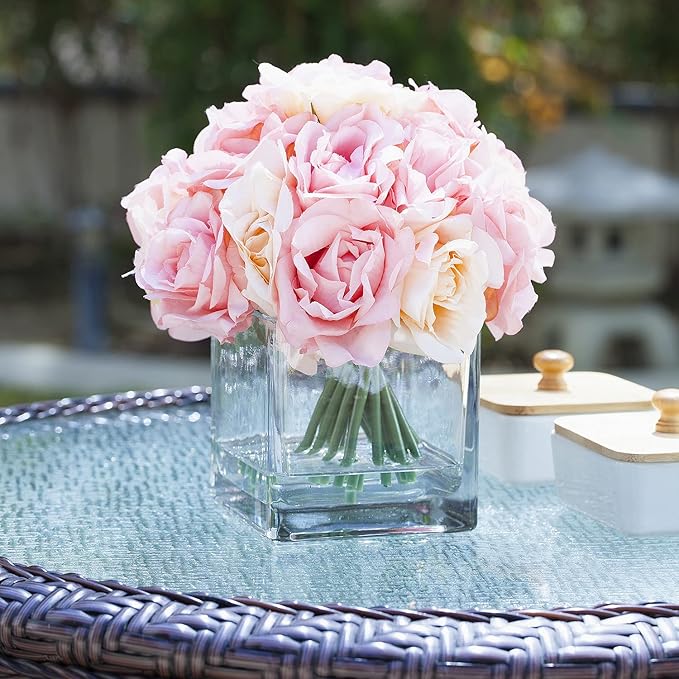 Enova Floral 18 Pieces Artificial Silk Roses Fake Flower Arrangement in Cube Glass Vase with Faux Water for Home Office Wedding Decoration (Pink)