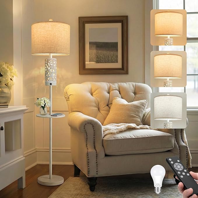 OYEARS Dimmable Farmhouse Floor Lamp for Living Room, 2-in-1 Rustic Floor Lamp with Main&Night Light,Linen Shade&Dual Switches, 65" Standing Lamp for Bedroom Office Corner Dining Room, Wood Pole Lamp