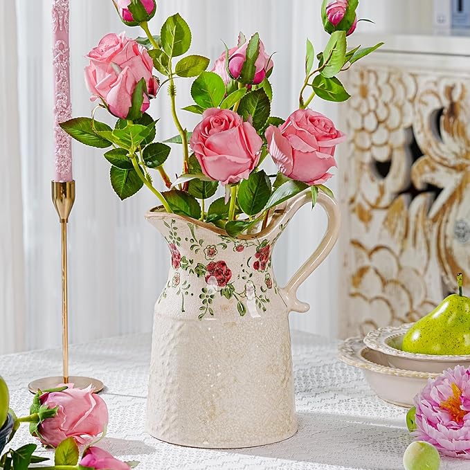 Sungmor Embossed Ceramic Pitcher Vase, Decorative Beige Farmhouse Ceramic Pitcher for Flowers, Vintage Textured Vase for Table, Kitchen & Home Decor, 9.2 Inch with Ice Crackle Glaze Finish