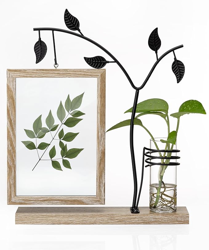 Afuly 5x7 Picture Frame with Glass Vase for Plants Flowers, Desk Picture Frames Floating Photo Frame for Office Home Decor, Unique Anniversary Mothers's Day Gifts for Grandma Mom, Light Brown