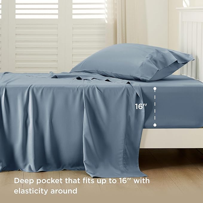 Bedsure Cooling Sheets Twin XL, Rayon Derived from Bamboo, Breathable & Soft Twin XL Sheet Sets, Deep Pocket Up to 16 Inches, Hotel Luxury Silky Dorm Bedding for Hot Sleepers, Dusty Blue