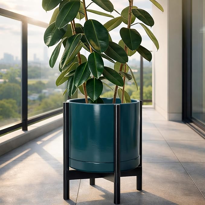 D'vine Dev Ceramic Planter with Ebony Stand - 14 Inch Modern Round Flower Pot with Wood Planter Holder, Teal, 55-B-S-4
