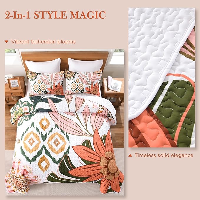 Andency Floral Boho California King Quilt Bedding Set Pink, 3 Pieces Farmhouse Flower Botanical Summer Oversized King Bedspreads, Soft Reversible Lightweight Microfiber Coverlet Set, 104"x112"