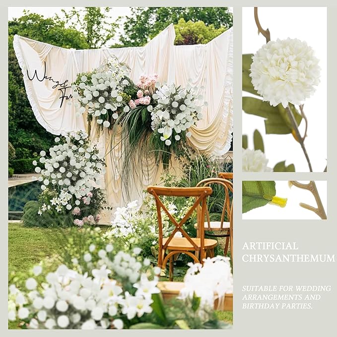 Fake Flowers Artificial Chrysanthemum Faux Mums Faux Flowers for Vase Fall Long Stems Flower Silk Flower for Indoor Home Decoration Kitchen Office Wedding Decoration（20.5In,10PCS,White）No Vase
