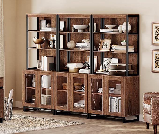 WAMPAT 3 PCS Modern 72" Tall Bookcases with Glass Doors and Adjustable Shelves, Library Book Shelf with Storage Cabinet and Open Book Shelfs, Wood Bookshelves for Home Office, Living Room, Brown
