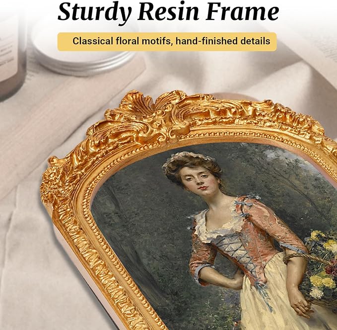 Vintage 4x6 Picture Frame, Gold Arch Resin Picture Frames Retro Handmade, Ornate Photo Frames with Glass Front for Wall Hanging or Tabletop Display, Antique Arched Photo Frame for Home Decor