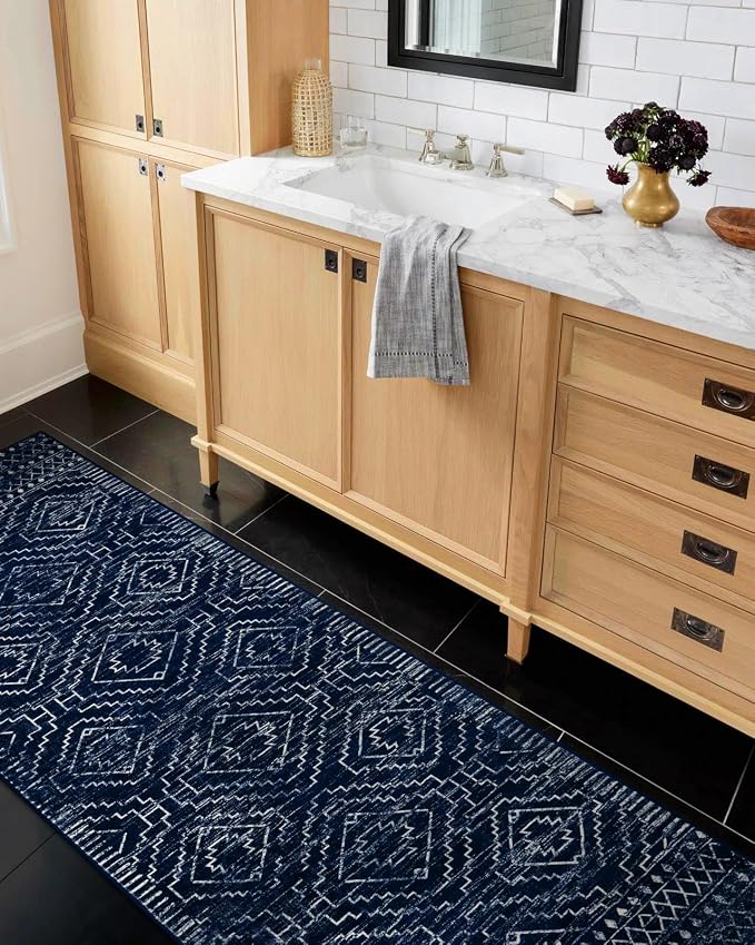 Wonnitar Washable Runner Rug for Kitchen, 2'6"x8' Moroccan Blue Hallway Carpet Runner, Non-Slip Long Geometric Rustic Entryway Floor Runner Soft Throw Mat for Bedroom Bathroom Closet (Blue,2'6"x8')