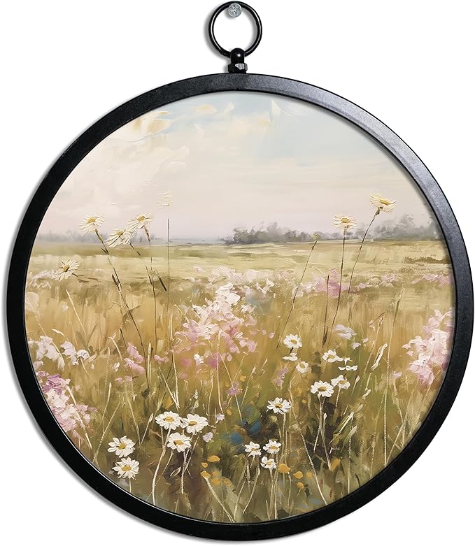 XIAOAIKA Vintage Wall Art with Metal Frame, Round Wood Print Featuring Wildflower Meadow Landscape, Boho Wall Decor for Living Room, Bedroom, Kitchen, Hallway, 10 Inch