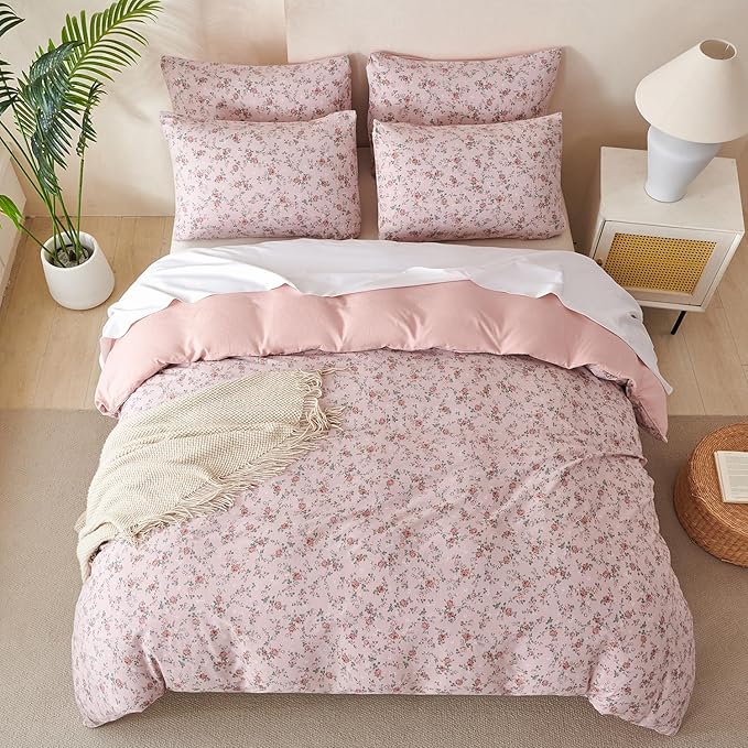 Floral Comforter Set King 3 Pieces Soft Chic Crinkle Gauze Fabric Garden Style Pink Flower Print Botanical Comforter for All Seasons Luxury Warmth Comfy Breathable with 2 Pillowcases