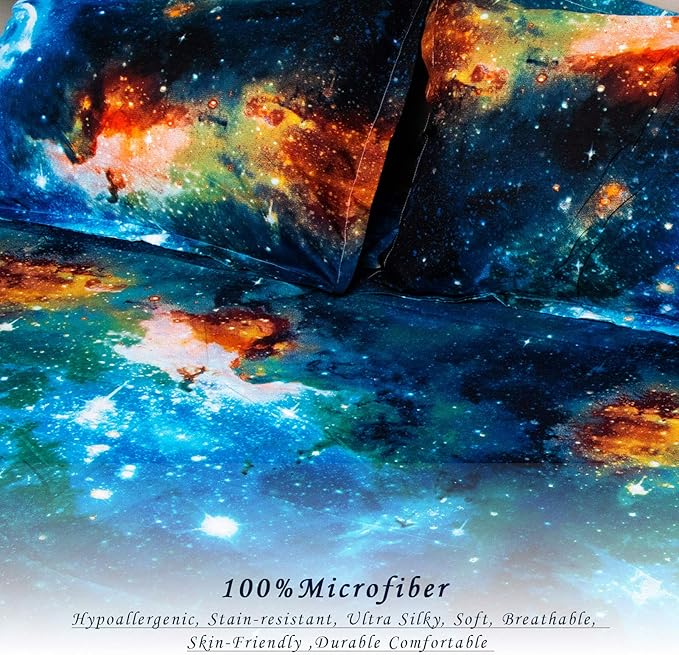 Bedlifes Galaxy Outer Space Sheet Set, Galaxy Themed, 3 pcs Including Flat Sheet, Fitted Sheet, and 1 Pillowcase (Blue Full)