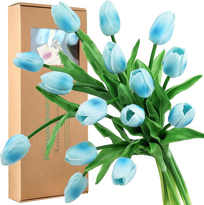 FiveSeasonStuff Real Touch Tulips Artificial Flowers – 15 Stems Faux Tulip Bouquet in Gift Box for Wedding, Home Decor, Party, Floral Arrangements (Arctic Blue)