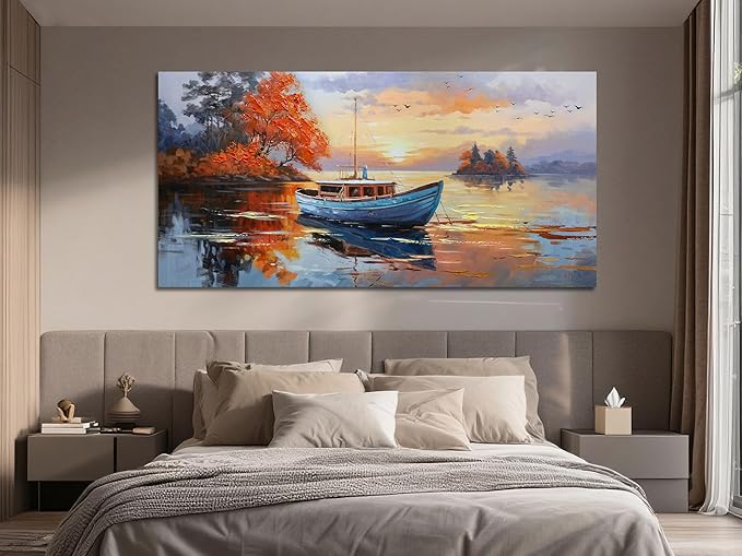 Brushart Ship Wall Art for Living Room, Large Canvas Wall Art Landscape Picture, Painting Wall Decor Textured Artwork for Walls Bedroom Home Office 58"x29"