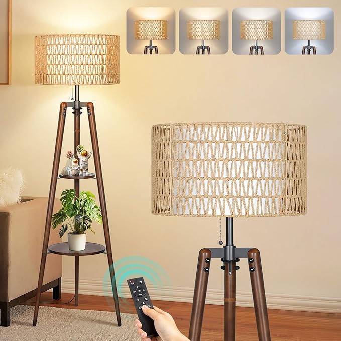 OUTON Boho Rattan Tripod Floor Lamp with Shelves, Dimmable Mid Century Modern Standing Lamp with Remote Control,Wood Tall Floor Lamps for Living Room Bedroom Office Farmhouse Bulb Included, Walnut