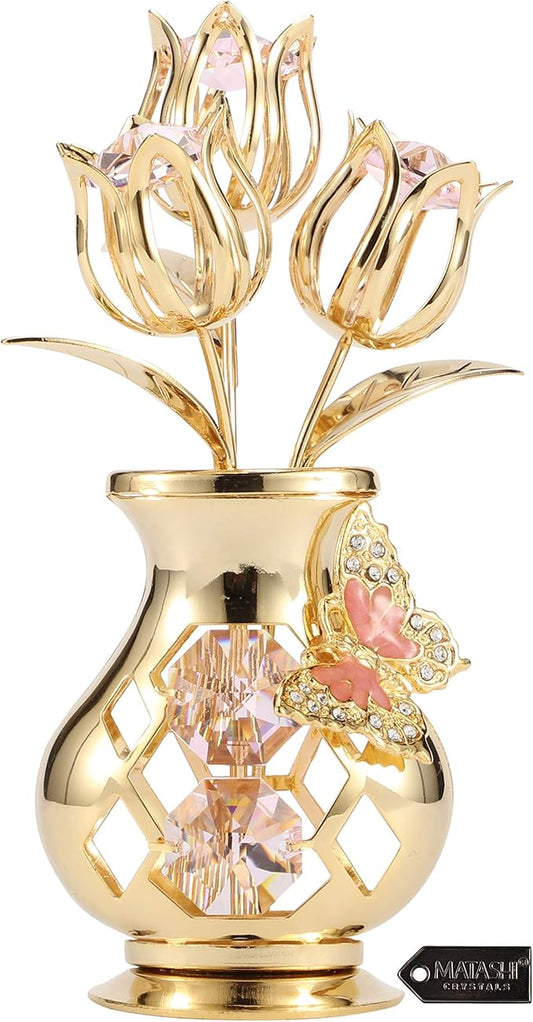 Matashi 24K Gold Plated Flower Ornament with Pink Crystals & Butterfly – Elegant Vase Décor – Perfect Christmas, Valentine’s for Her, Mom, Wife, Grandma