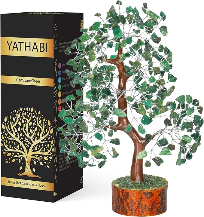 Healing Crystal Money Trees Feng Shui Gift Handmade Reiki Crystals & Stone Home Office Table Décor Good Luck Throat Chakras (Green Aventurine Silver Wire)