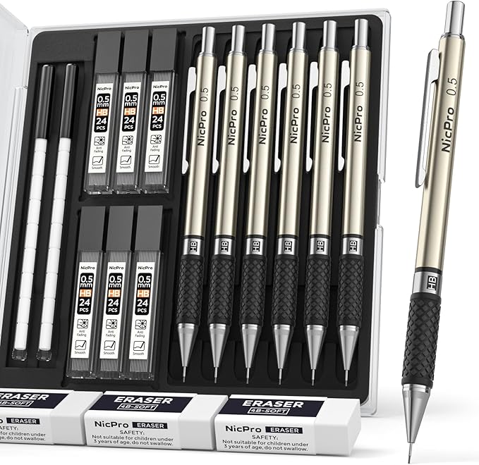 Nicpro 0.5 mm Art Mechanical Pencils Set in Case, 6 PCS Metal Drafting Pencil Lead Pencil 0.5mm with 6 Tube HB Lead Refills, 3 Erasers, 18 PCS Eraser Refills for Artist Writing, Drawing, Sketching