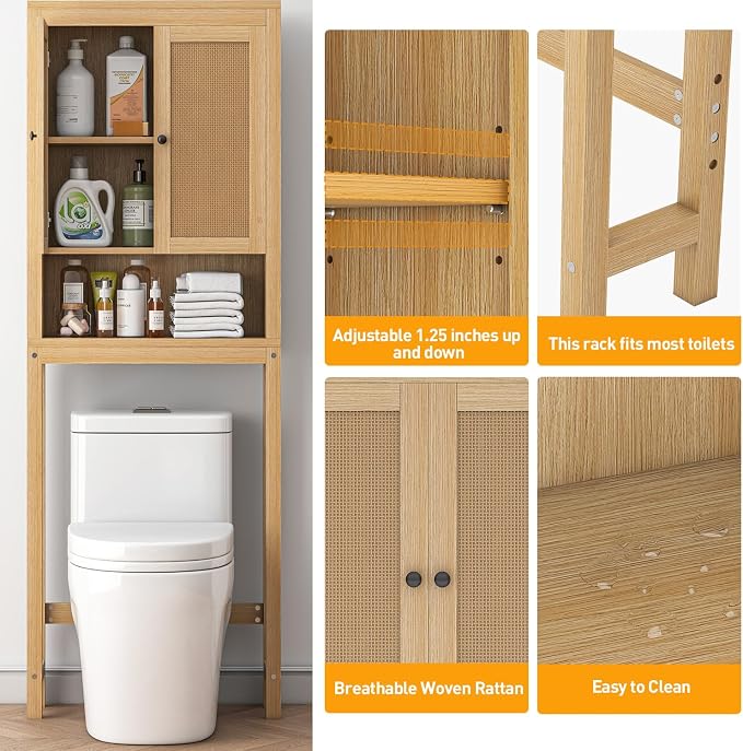 knoworld Rattan Over The Toilet Storage Cabinet, Above Toilet Bathroom Organizer with Adjustable Shelf, Behind Toilet Cabinet, Space Saver for Restroom, Bathroom, Laundry, Wood Rack, Natural