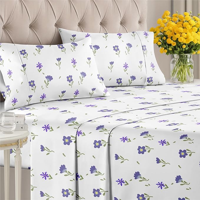 Floral Sheets - Purple Floral Bed Sheet Set - 1 Flat, 1 Fitted & 2 Pillowcases w/ Deep Pockets - Comfy, Wrinkle & Fade Free - Boho Botanical Bedding - Ultra-Soft, Breathable & Cooling - Queen Size Set