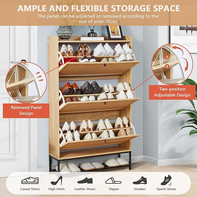 LEVNARY Shoe Storage Cabinet with 3 Flip Drawers, Freestanding Shoe Cabinet Storage Organizer for Entryway, Wooden Narrow Shoe Racks Cabinet with Metal Legs for Hallway (Natural Oak)