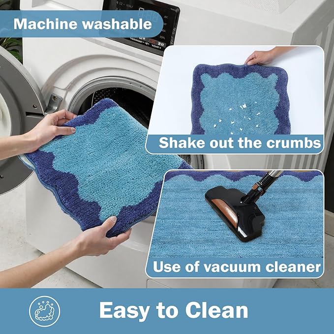 Uphome Bathroom Runner Rug, 24x60 Large Absorbent Cute Blue Bath Mat Non Slip Washable, Soft Scalloped Irregular Plush Microfiber Bath Runner for Floor, Bathtub, Sink