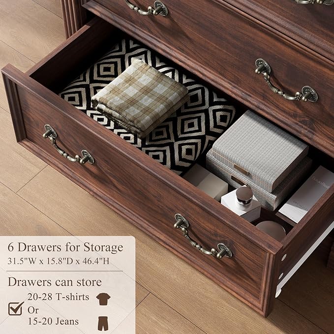 Walnut 6 Drawer Dresser for Bedroom, 47" Tall Dresser, Wood Rustic Chest of Drawers with Chic Wood Pilasters, Dressers Organizer for Bedroom, Hallway, Living Room