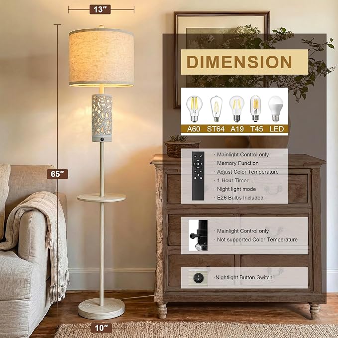 OYEARS Dimmable Farmhouse Floor Lamp for Living Room, 2-in-1 Rustic Floor Lamp with Main&Night Light,Linen Shade&Dual Switches, 65" Standing Lamp for Bedroom Office Corner Dining Room, Wood Pole Lamp
