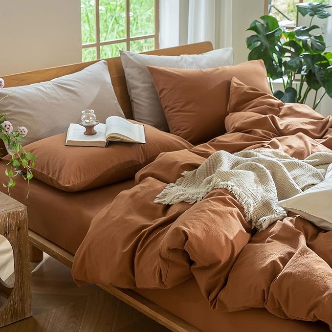 MooMee Bedding Duvet Cover Set 100% Washed Cotton Linen Like Textured Breathable Durable Soft Comfy (Solid Dark Orange, Super King 108"x98")
