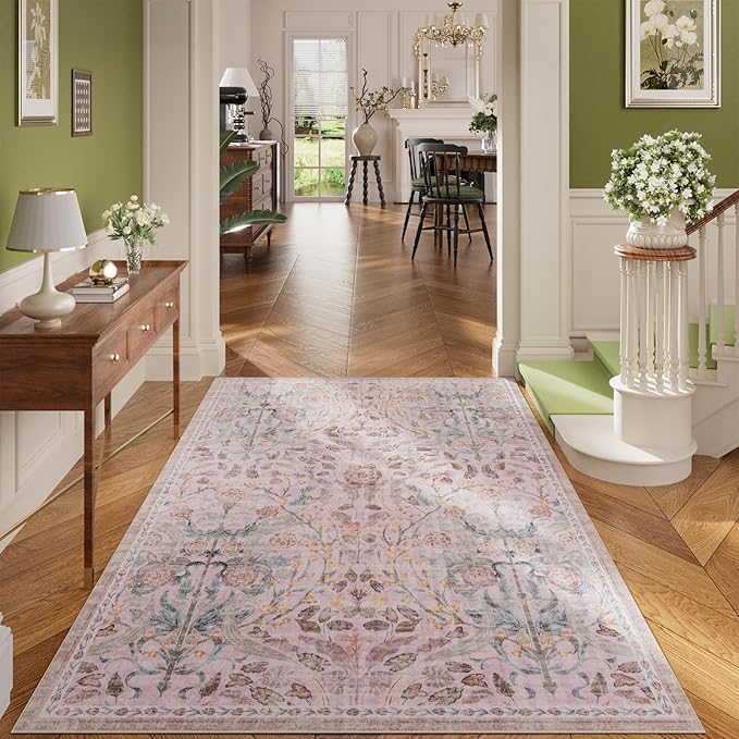 AMTOVO 5x7 Washable Area Rugs for Living Room, Vintage Boho Floral Distressed Print Non-Slip Carpet, Soft Colorful Accent Rug for Bedroom Girls Room Indoor Nursery Dining Room Playroom Farmhouse, Pink