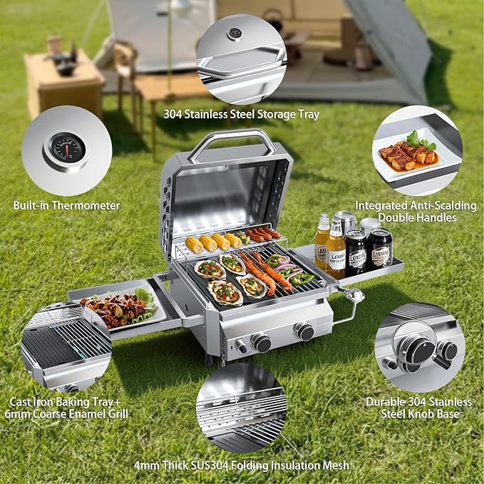 Tabletop Gas Grill, Stainless Steel Portable Propane Grill with Dual Storage Side Platforms – Compact & Powerful 16,000 BTU Dual-Burner BBQ Grill for Garden and Patio Backyard,Camping