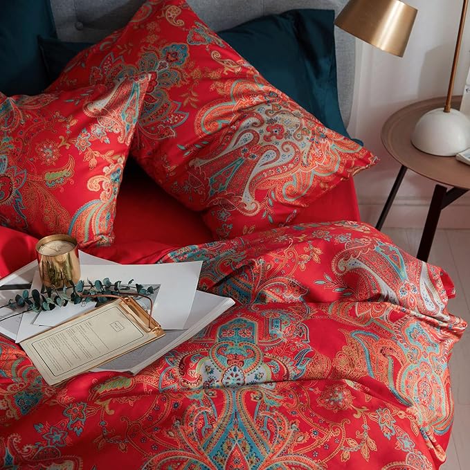 Floral Red Duvet Cover Queen Percale Long Staple Cotton Floral Comforter Cover Vintage Boho Paisley Duvet Cover Luxury Soft Jacquard Flower Bedding Set Farmhouse Floral Duvet Cover with 2 Pillowcases