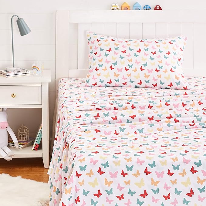 Amazon Basics Kid's Soft Easy-Wash Lightweight Microfiber 3-Piece Sheet Set, Toddler, Multi Colour, Butterflies