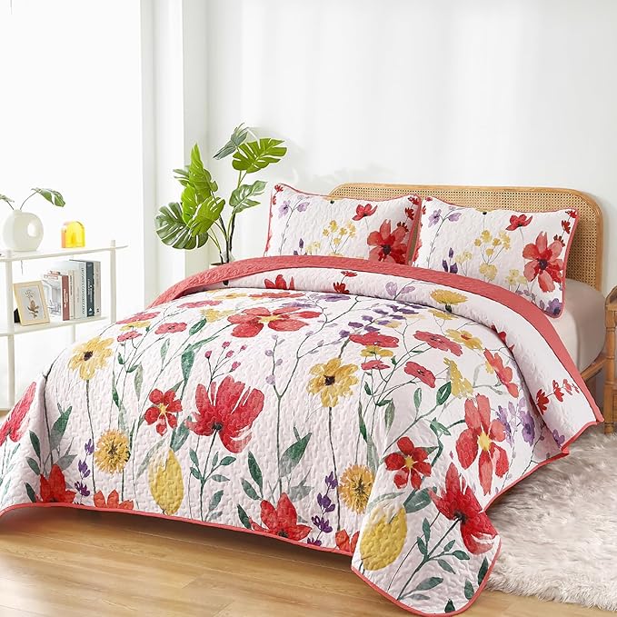Anibedding Floral Quilt Set Queen Size, Red Bedspread 3 Pieces Botanical Flower Bedding Set Soft Microfiber for All Season (Queen, 96"x90")
