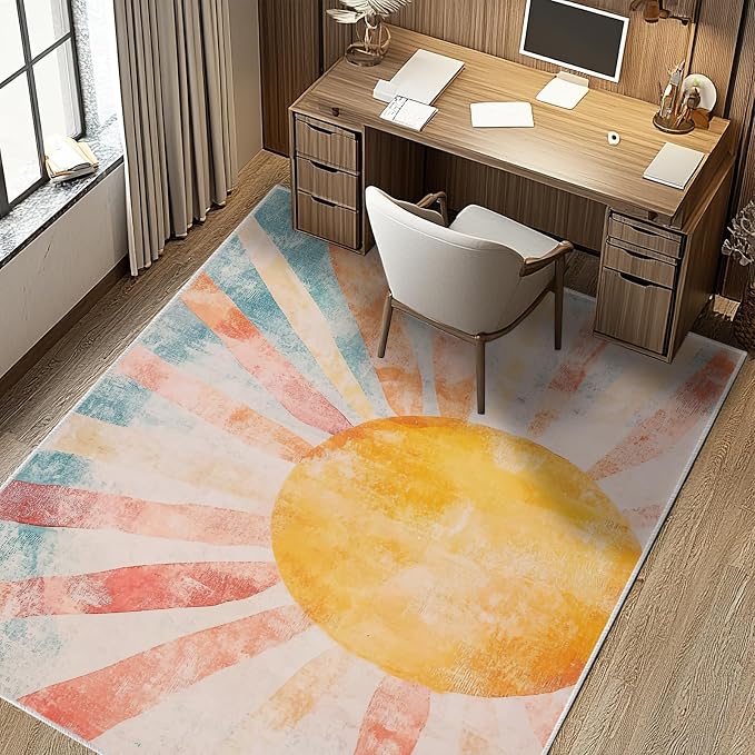 6x9 Boho Sun Area Rug Retro Orange Yellow Blue Beige Bedroom Rug Low Pile Thin Large Carpet Living Room Non Slip Dining Room Stain Resistant Office Washable Machine Classroom