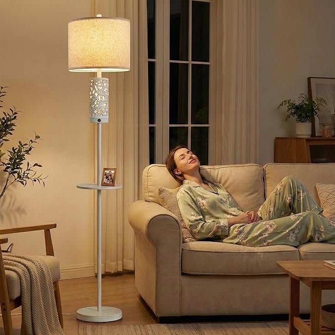 OYEARS Dimmable Farmhouse Floor Lamp for Living Room, 2-in-1 Rustic Floor Lamp with Main&Night Light,Linen Shade&Dual Switches, 65" Standing Lamp for Bedroom Office Corner Dining Room, Wood Pole Lamp