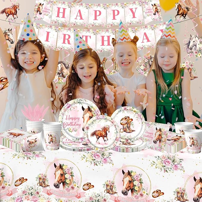 Horse Birthday Decorations Tableware,171PCS Cowgirl Floral Themed Birthday Tea Party Supplies,Flower paper plates,Horse napkins,Forks,Horse Table Cloth,for Girls Rodeo,Bachelorette Fairy Parties