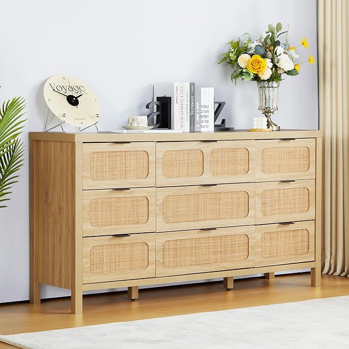 9 Drawer Dresser with Rattan Finish, Modern Farmhouse Chest of Drawers with Metal Handles, Accent Wood Dresser for Bedroom, Living Room (Natural)