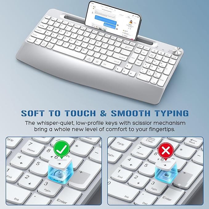 JOYACCESS Ergonomic Wireless Keyboard and Mouse, Full Size Wireless Keyboard Designed with Phone Holder and Wrist Rest,Volume Roller for Computer Mac PC Laptop-Silver