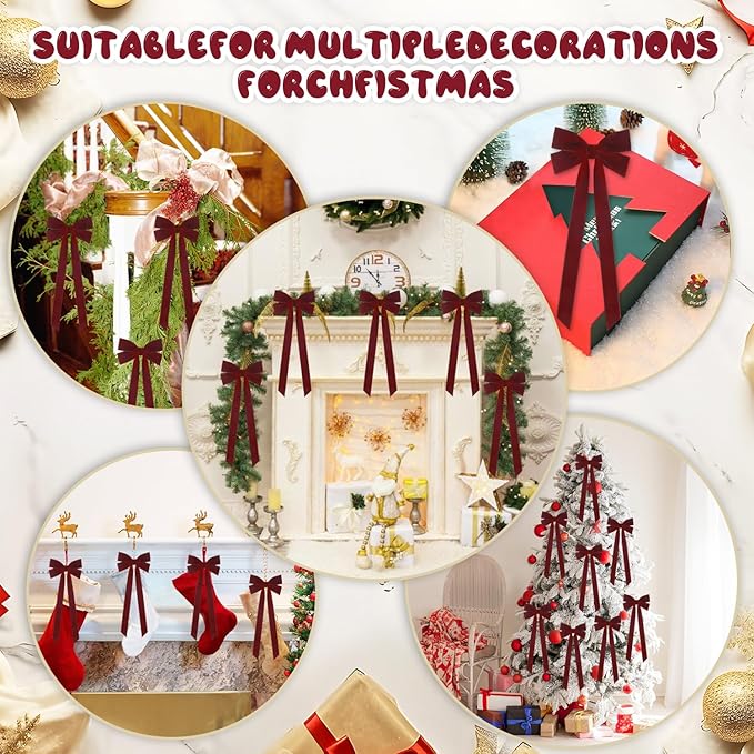 JOICEE 15Pcs Velvet Bows Christmas Tree Decorations, 5 x 12 Inch Wreath Bows Rustic Crafts Gift Ribbon Bow for Home Garland Decorations Birthday Party Wedding Holiday Decor(Burgundy)
