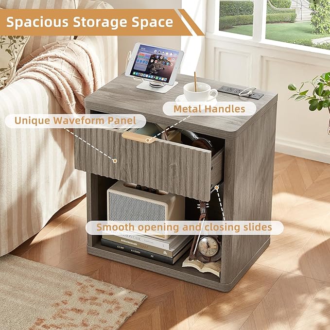 LEYAOYAO Fluted Nightstand with Charging Station, 23" Wide 1 Drawers End Table,Grey Night Stand with Open Storage Cabinet, Farmhouse Bed Side Tables, Wood Dresser for Bedroom, Living Room, Closet