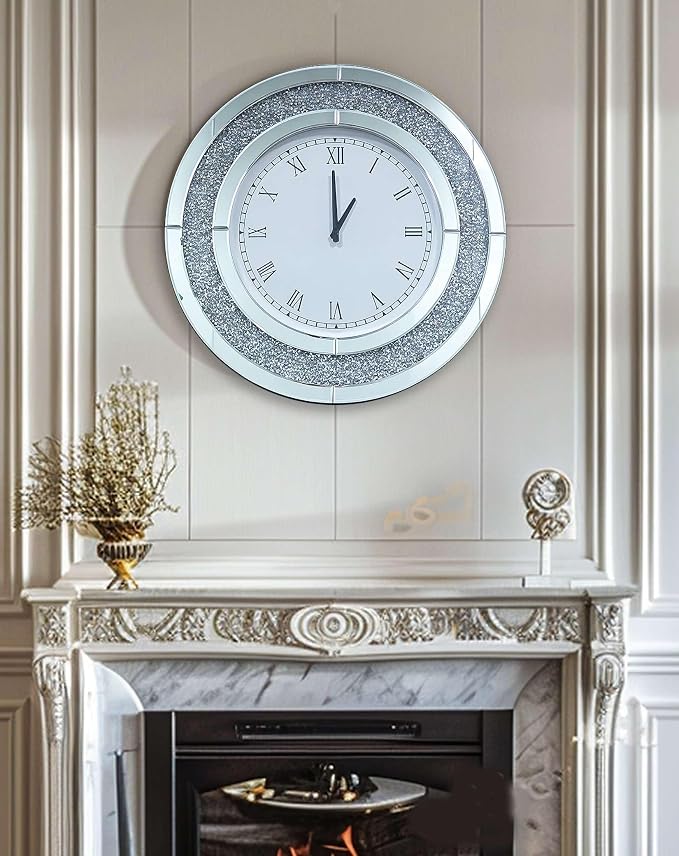 Crushed Diamond Wall Clock Round Decorative Mirrored Clock 32 inch Silver