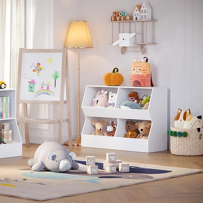 DINZI LVJ Kids Bookshelf, Toy Storage Organizer, Wooden Toy Storage Cabinet, 4 Cubby Children Bookcase, 43.3" L Toddler Book Shelf for Bedroom, Nursery, Hallway, School, White