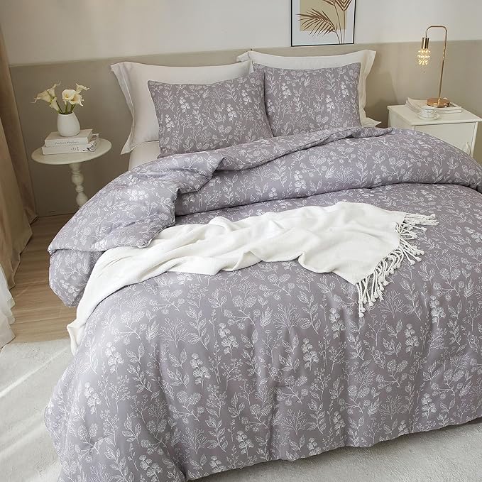 EAVD Garden Style Grey Floral Duvet Cover Twin XL Soft Cotton Chic Shabby Cute Floral Botanical Bedding Set with 2 Pillowcases Fresh Reversible Botanical Duvet Cover with Zipper Closure